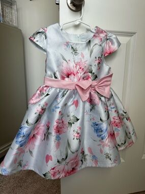 Rare Editions Pale Blue Floral Satin Dress with Pink Bow